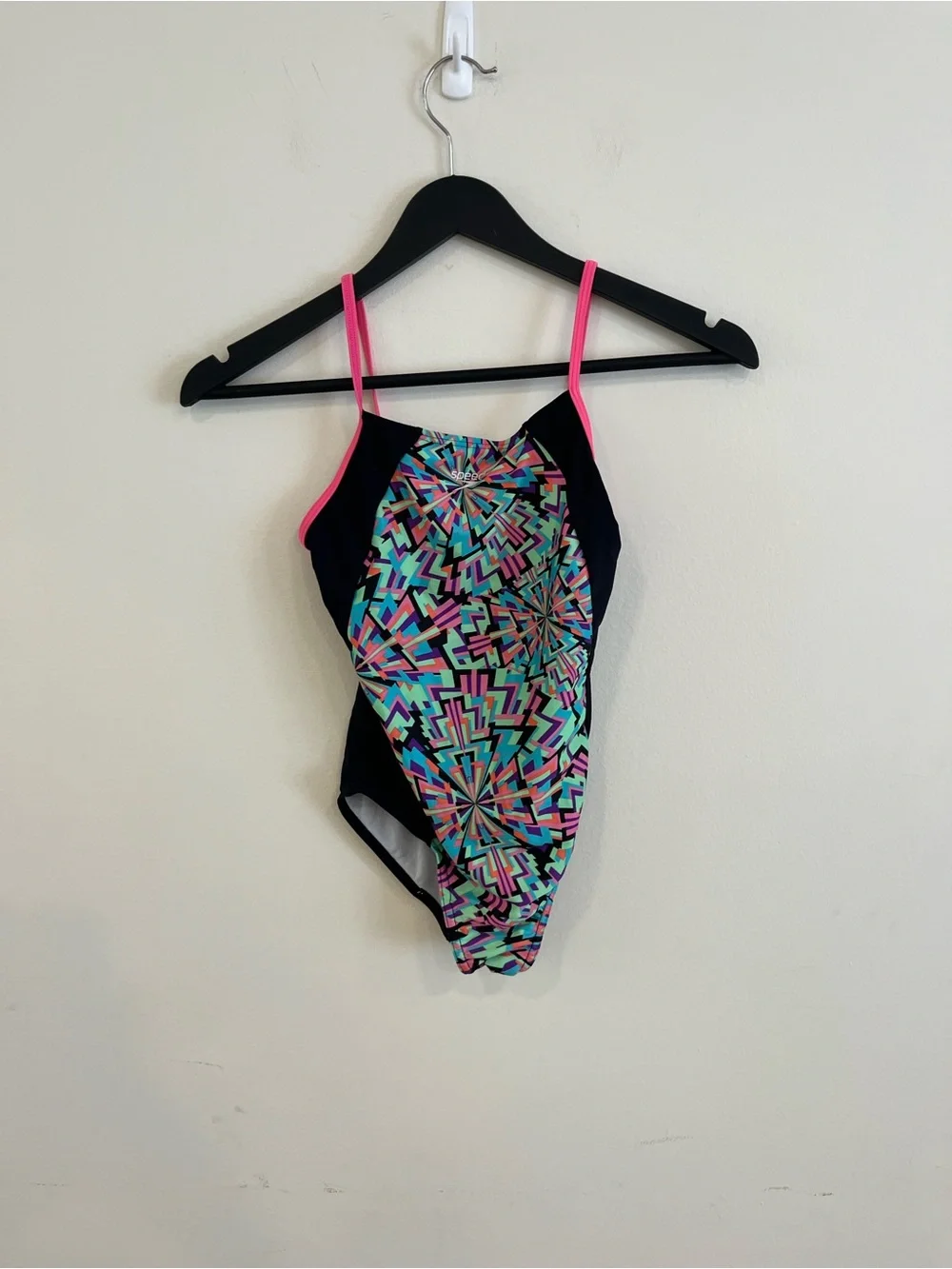Speedo girls Black Geometric One-Piece Swimsuit with Pink Straps